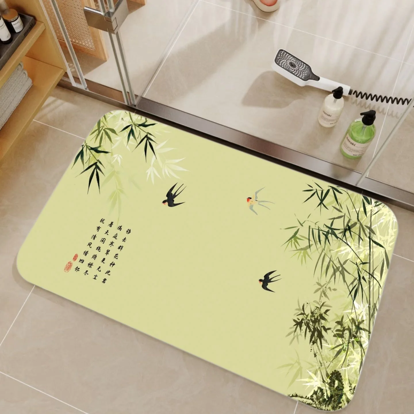 Bamboo Bath Mat - VIKAMA พรมเช็ดเท้าดินไดอะตอม ลายไม้ไผ่และอักษรจีน ซักเครื่องได้ กันลื่น สำหรับตกแต่งห้องน้ำ